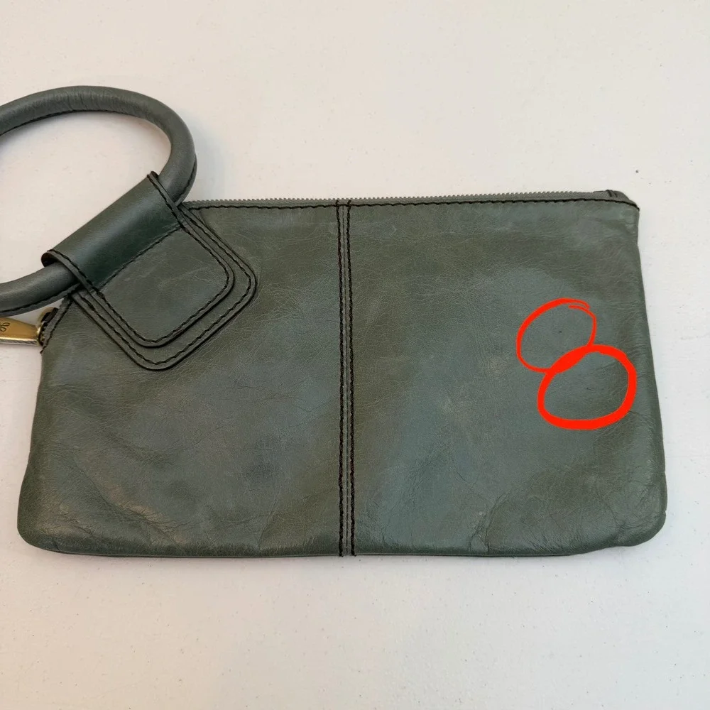 Hobo Sage Green Leather Circle Handle Wristlet Clutch Bag Purse Boho Coastal